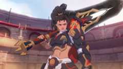 Overwatch 2 Vendetta: Artwork of Vendetta in a colosseum holding her greatsword over her shoulder.