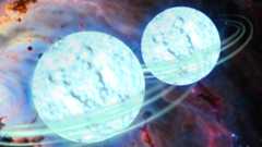 An illustration showing two neutron stars meeting and merging