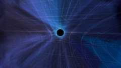 A dark dot sits in the middle of a blue and black starry folded cloth with grid lines over it