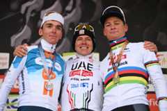 LIEGE BELGIUM APRIL 24 LR Romain Bardet of France and Team dsmfirmenich PostNL on second place race winner Tadej Pogacar of Slovenia and UAE Team Emirates and Mathieu van der Poel of The Netherlands and Team Alpecin Deceuninck on third place pose on the podium ceremony after the 110th Liege Bastogne Liege 2024 Mens Elite a 2545km one day race from Liege to UCIWT on April 24 2024 in Liege Belgium Photo by Dario BelingheriGetty Images