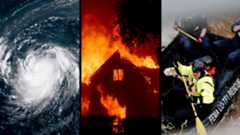 A three-paneled image showing a satellite photo of a hurricane, a house on fire, and flood rescue workers on a raft