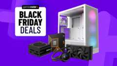 A collection of PC components on a purple background with a GamesRadar+ Black Friday Deals stamp above it all