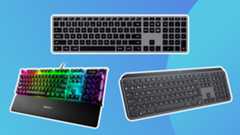 Product shots of the various best keyboards for mac on a bright blue background