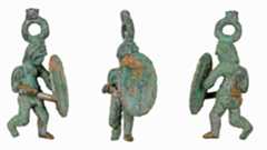 three views of a small bronze figurine of a Celtic warrior