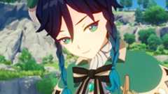 Genshin Impact trailer screenshot of Venti in green outfit against grassy and rocky background