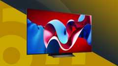 One of the best TVs, an LG C4, on a colorful background with the TechRadar logo