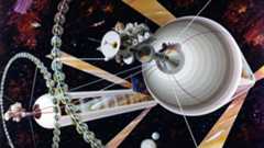 An illustration of the concept of space cities. there are two cylinder shaped vessels surrounded by smaller rotating circles.