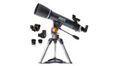 The Celestron AstroMaster 102AZ and accessories on a white background