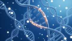 An illustration of blue double-helix strands of DNA surrounded by white bubbles against a blue background. The strand in the foreground closest to the viewer has a middle section lit up in golden light. 