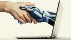 art of a human hand with artificial intelligence via laptop