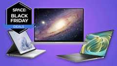 Three laptops are placed in a triangular formation with the space.com logo in the top left corner, all on a purple background.