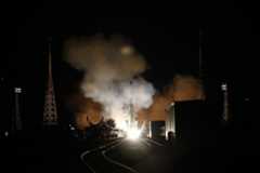 A Russian Soyuz 2.1a rocket carrying the uncrewed Progress 79 cargo ship launches into orbit from Baikonur Cosmodrome, Kazakhstan in the pre-dawn hours of Oct. 28, 2021 (late Oct. 27 EDT).