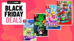 A series of Nintendo Switch game boxes sitting on a pink GamesRadar+ background.