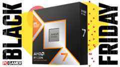 An image showing the retail packaging for the AMD Ryzen 7 9800X3D processor, against a colorful background, with a set of Black Friday and PC Gamer logos on the sides