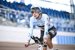 Belgian Shari Bossuyt pictured in action during a training session of the delegation for the upcoming World Track Cycling Championships, Tuesday 14 October 2025 in Gent. The competition will take place in Santiago, Chile, from 22 to 26 October 2025. BELGA PHOTO TOM GOYVAERTS (Photo by Tom Goyvaerts / BELGA MAG / Belga via AFP)