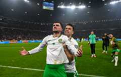 Hungary , Hungary - 16 November 2025; Troy Parrott, left, and Seamus Coleman of Republic of Ireland celebrate after the FIFA World Cup 2026 Group F Qualifier match between Hungary and Republic of Ireland at Puskás Aréna in Budapest, Hungary. (Photo By Stephen McCarthy/Sportsfile via Getty Images)