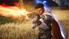 Highguard: A character walking towards the camera and shooting his rifle at something off screen.