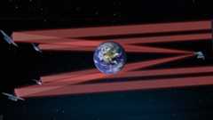 An illustration shows the five spacecraft of the LIFE mission with Earth between them