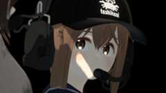 Anime girl with brown hair and eyes in black hat and headset