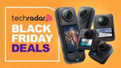Insta360 X5, GoPro Max 2 and DJI Osmo 360 cameras together over an orange background with Black Friday deals text overlay