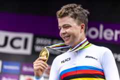 Mandatory Credit: Photo by MARCEL VAN HOORN/EPA/Shutterstock (15534423l)Gold medalist Florian Vermeersch of Belgium poses on the podium for the Men Elite race of the UCI Gravel World Championships in Maastricht, Netherlands, 12 October 2025.UCI Gravel World Championships in Zuid-Limburg, Maastricht, Netherlands - 12 Oct 2025