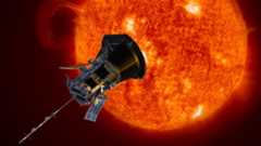 Artist's illustration of the parker solar probe in foreground and large orange sun in the background.