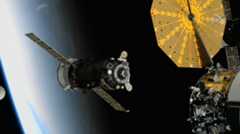 The Russian Soyuz MS-19 spacecraft carrying NASA astronaut Mark Vande Hei and Russian cosmonauts Pyotr Dubrov and Anton Shkaplerov undocks from the International Space Station on March 30, 2022.