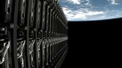 View from the upper stage of a SpaceX Falcon 9 rocket that launched from Vandenberg Space Force Base in California on Oct. 7, 2025, showing a stack of Starlink satellites before deployment.