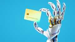 Digital generated image of robot's hand holding credit card against blue background