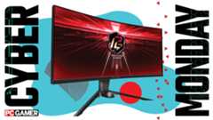 An ASrock gaming monitor on a blue background with "Cyber Monday" written on it