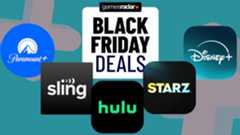 The text &#039;Black Friday deals&#039; above the logos for Paramount Plus, Sling TV, Hulu, Starz and Disney Plus.