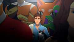 Robert, the protagonist of AdHoc Studio&#039;s dispatch, stands in a crammed elevator full of superheroes.