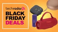 Bang & Olufsen Beosound A1 3rd Gen, JBL Charge 6, JBL Flip 7, and Tribit StormBox Micro 2 on orange background with the words 'TechRadar: Black Friday deals'