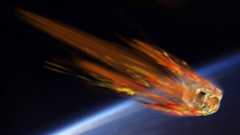 an illustration of a cube-shaped satellite burning and breaking apart into fragments as it falls onto Earth