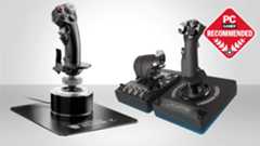 Two of the best PC joysticks, the Thrustmaster Warthog flight stick alongside a Logitech G X56 HOTAS, on a two-tone grey background