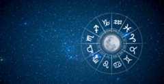 A circular chart with the 12 zodiac signs in white is against a night sky background full of stars