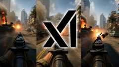 The xAI logo over a screenshot from an AI-generated video game