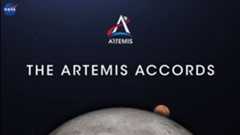 Graphic showing the the artemis accords logo above white text reading "the artemis accords", the surface of the moon is seen in the lower portion of the image and a distant Mars peeks out from the surface of the moon.