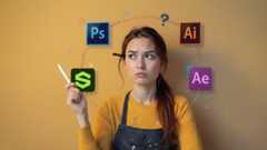 Adobe software list; a woman looks puzzled surrounded by software logos