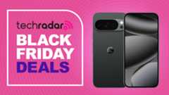 Google Pixel 10 Pro on a pink background. Text reads: TechRadar Black Friday Deals