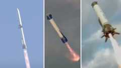 a blue and white Blue Origin New Glenn rocket launches and lands in a series of images