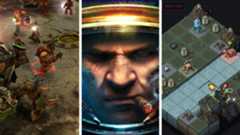 Split image showing three sci-fi strategy games: Dawn of War, StarCraft 2, and Into The Breach