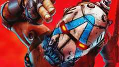 Borderlands 4 close-up of the Psycho bandit mask. The character is gesturing toward the view with two fingers, like they're picking a fight, and stands out on a red background.