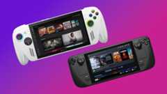 Xbox Ally and a Steam Deck facing forward on a background that goes from pink to purple.