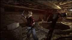 Fighting a masked enemy with an axe