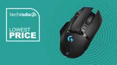The Logitech G502 Lightspeed gaming mouse on a cyan background with a TechRadar 'Lowest Price' badge.
