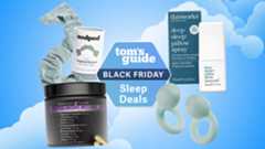 Loop Quiet 2 Ear Plugs, The Night Before 10-in-1 Midnight Maximizer Sleep Aid, THISWORKS Deep Sleep Pillow Spray and Nodpod Gentle Pressure Sleep Mask against a cloudy background with a Tom's Guide Black Friday Sleep Deals badge