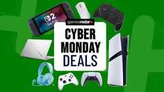 PS5, Nintendo Switch, and Xbox accessories on a green background with Cyber Monday deals badge