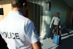 French physiotherapist Bernard Sainz arrives with a suitcase at the courthouse on July 4, 2017 in Caen, nortwestern France, to attend his trial on a doping case in the cycling world, involving 11 people. / AFP PHOTO / CHARLY TRIBALLEAU (Photo credit should read CHARLY TRIBALLEAU/AFP via Getty Images)