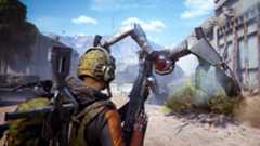 Best Arc Raiders skills: A raider reloading their gun while a leaper strafes in front of them, facing off inbetween two large metal structures.